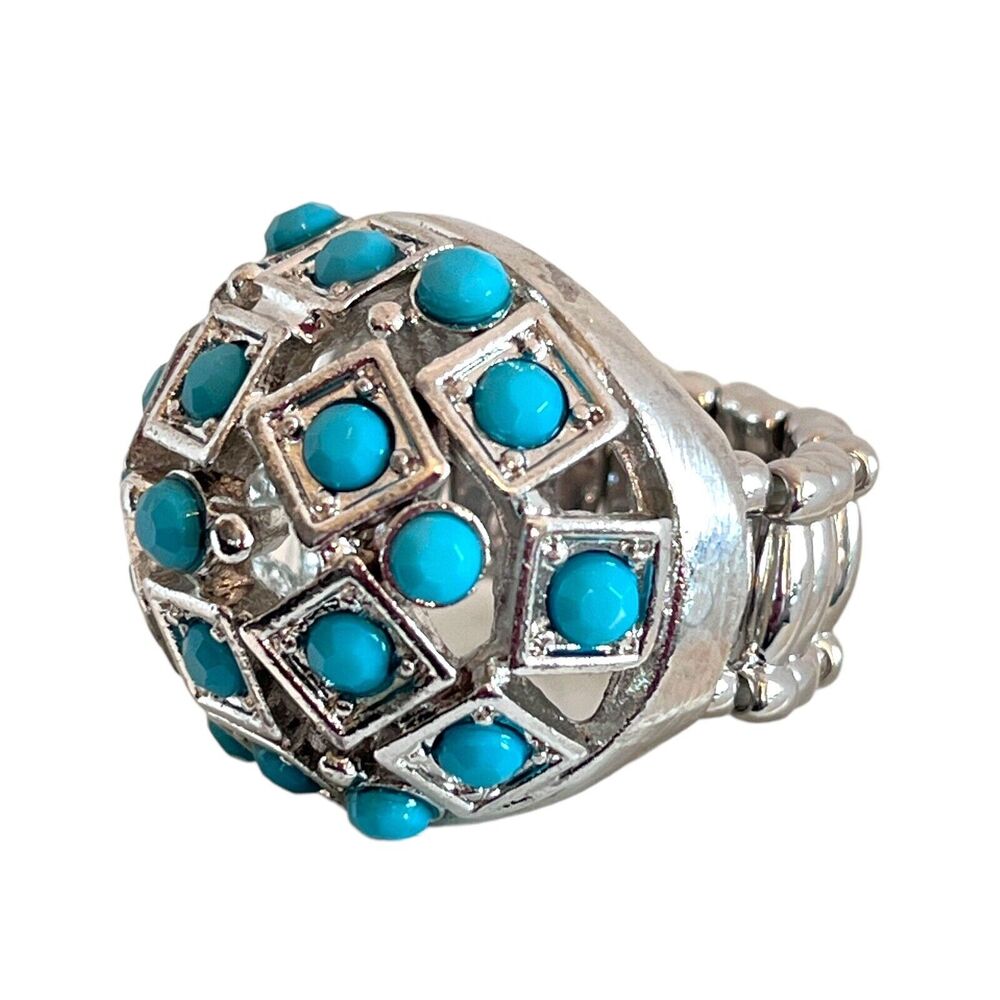 New Cocktail Stretch Ring Silver Turquoise Colored Accent - 6K